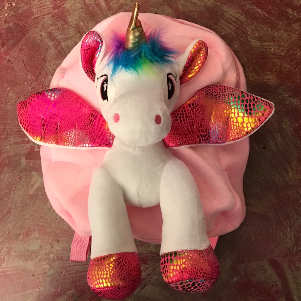 First Two Photos 3D Unicorn Metallic Sequin Fuzzy Furry Plush Backpack Bag - Picture 7 of 10
